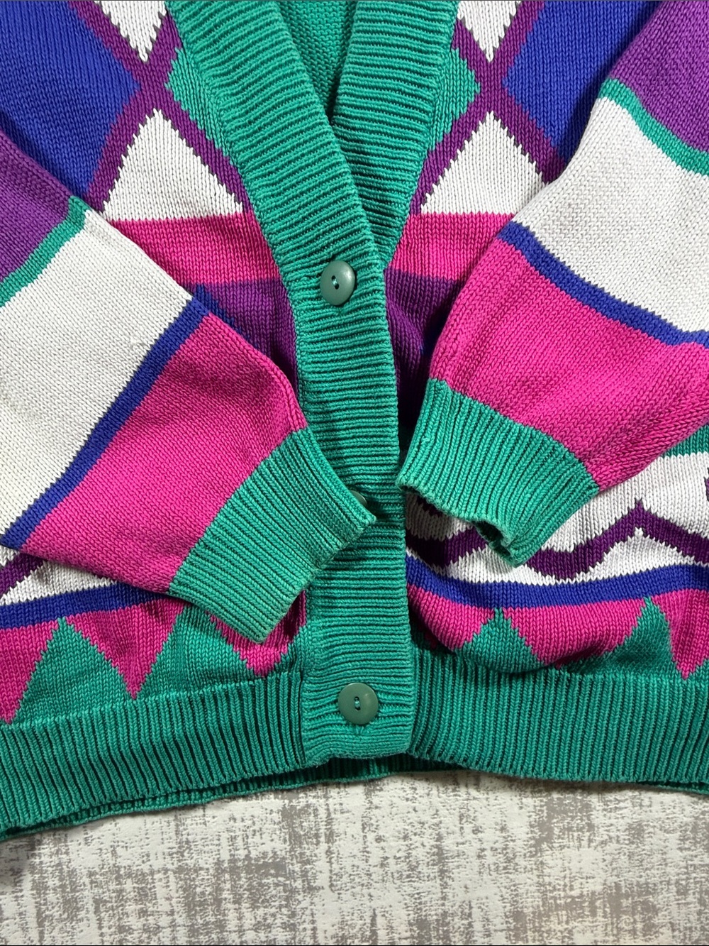 Signature Vintage  Teal, Purple & Pink Geometric Button-Up Cardigan sz M 24X20.5 - Picture 7 of 14